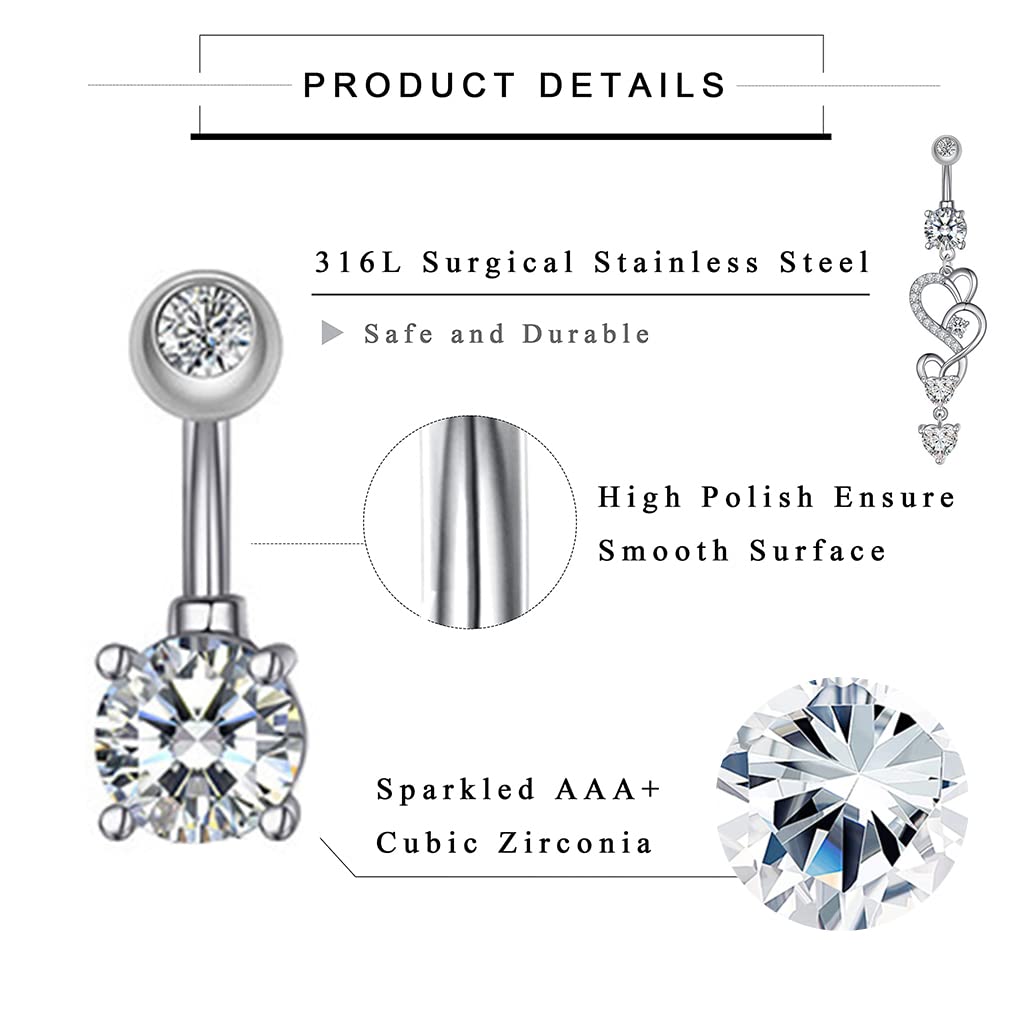 MAYCREATE Silver Heart Belly Button Rings-Stainless Steel Heart Shaped Diamond Design Belly Piercing Body Jewelry-14g MAYCREATE Silver Heart Belly Button Rings-Stainless Steel Heart Shaped Diamond Design Belly Piercing Body Jewelry-14g